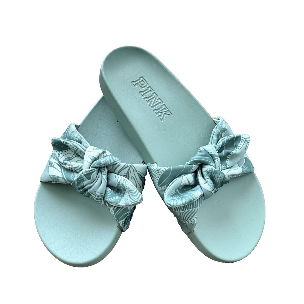 Victoria’s Secret PINK Bow Knot Sandals Slides M 38/39 Sage Green Tropical Print